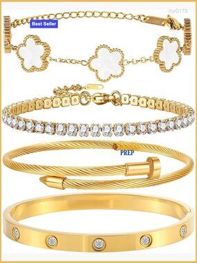 18K Gold Plated Bangle Bracelet Set Stackable Adjustable Tennis Jewelry